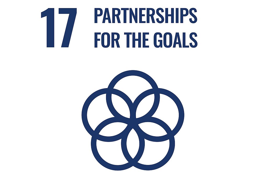Logo of Sustainable Development Goal (SDG) 17: Partnerships for the Goals, with an inverted design, featuring a blue circular symbol on a white background.